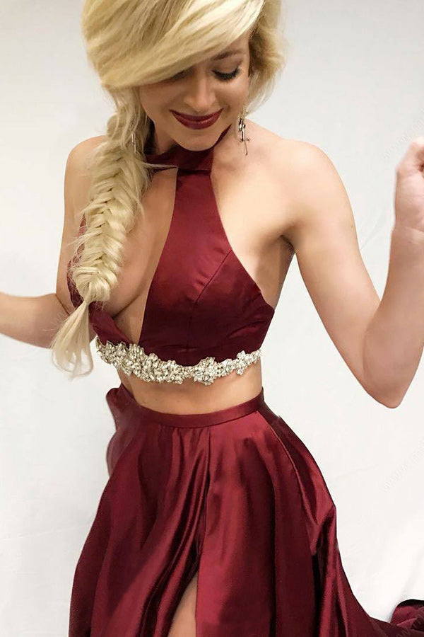 two piece burgundy two piece prom dresses