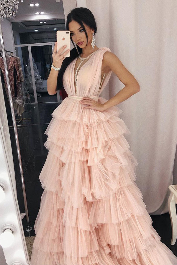 A-Line Crew Floor-Length Pink Tiered Tulle Prom Dress with Beading PDA –  BallGownBridal