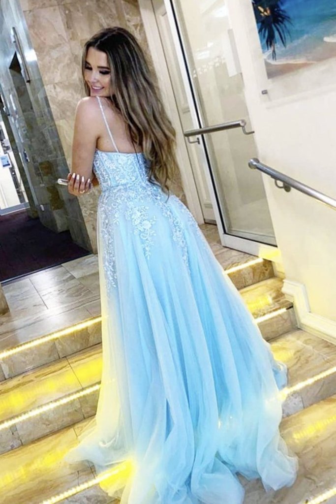 A Line V Neck Backless Light Blue Lace Long Prom Dress, Light Blue