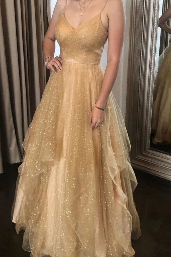 Gold Champagne Tulle Spaghetti Straps V Neck Open Back Long Prom Dress –  BallGownBridal