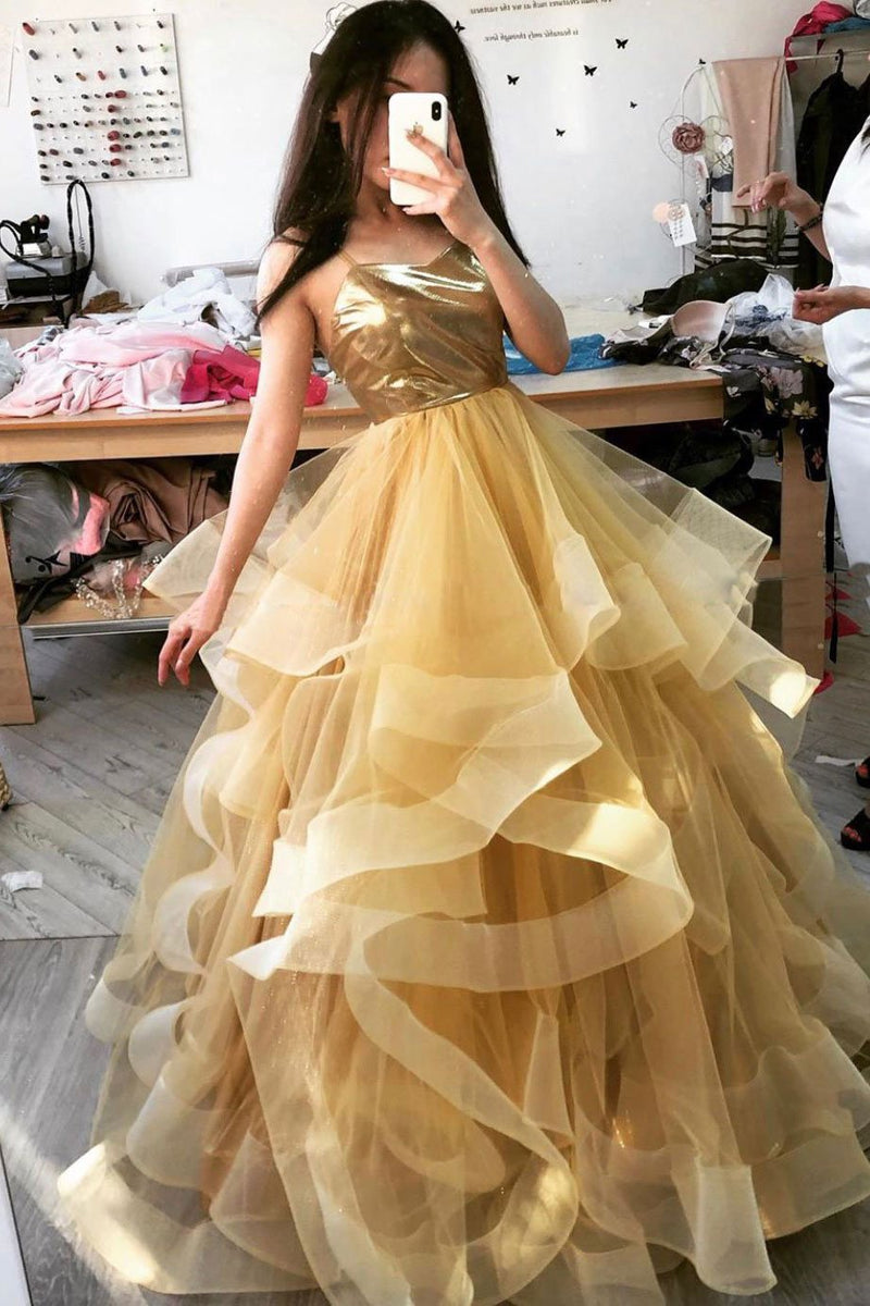 Unique Sweetheart Gold Tulle Ruffles Spaghetti Straps Long Prom Dress –  BallGownBridal