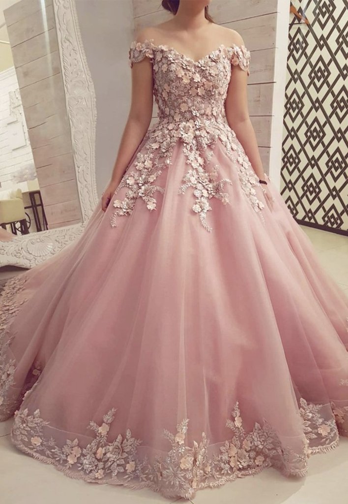 off Shoulder Pink Bridal Ball Gowns Lace Tulle Quinceanera Dresses