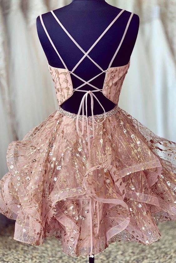Spaghetti Straps V Neck Short Prom Dress, Homecoming Dresses With Bead –  BallGownBridal