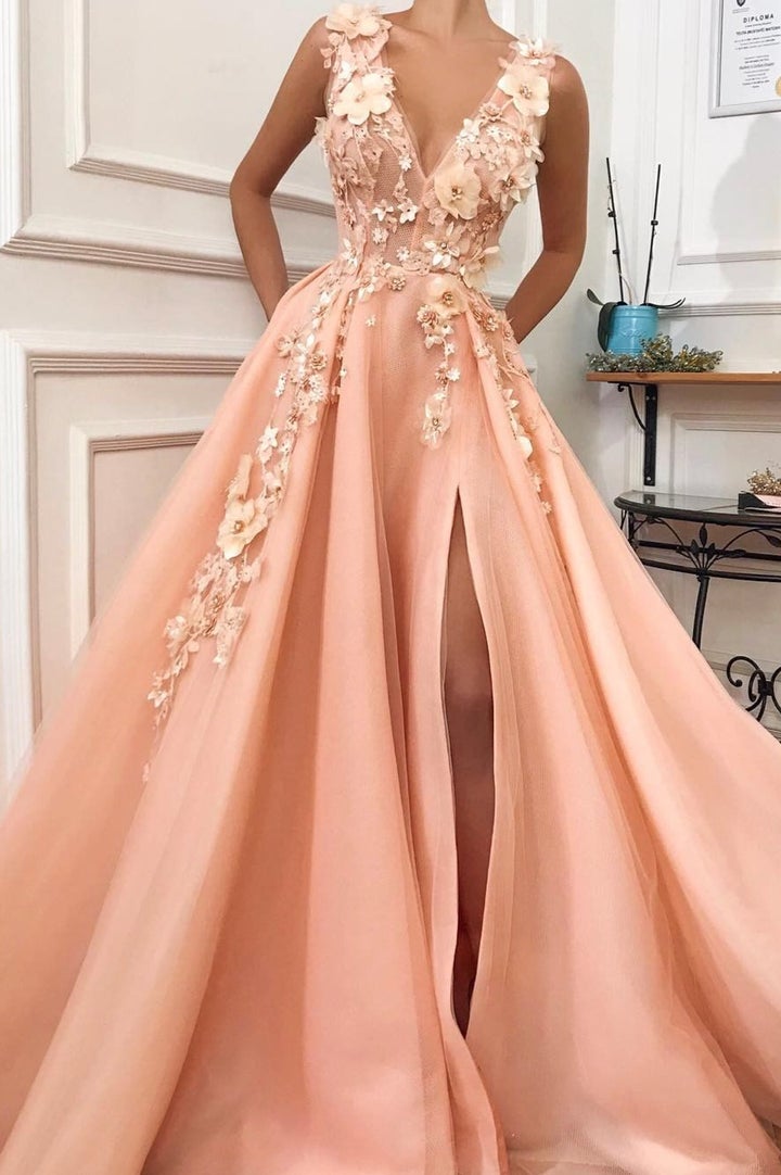 A Line Spaghetti Straps V Neck Long Prom Dress With Lace Appliques, Ev –  BallGownBridal