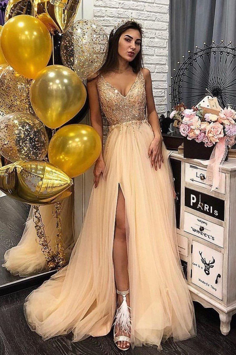 Sexy Gold Lace & Sheer Tulle Cut-out Sleeved Prom Dress - VQ
