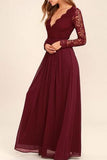 Lace Chiffon Bodice Burgundy Prom Dress,Long Simple Bridesmaid Dress with Long Sleeves GY139