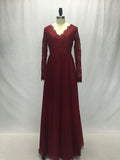 Lace Chiffon Bodice Burgundy Prom Dress,Long Simple Bridesmaid Dress with Long Sleeves