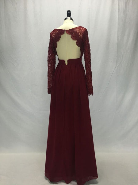 Lace Chiffon Bodice Burgundy Prom Dress,Long Simple Bridesmaid Dress with Long Sleeves