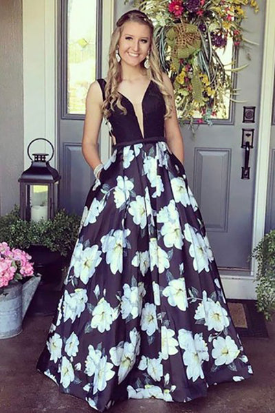 A-Line Deep V-Neck Sweep Train Navy Blue Printed Satin Prom Dress with Pockets LR86