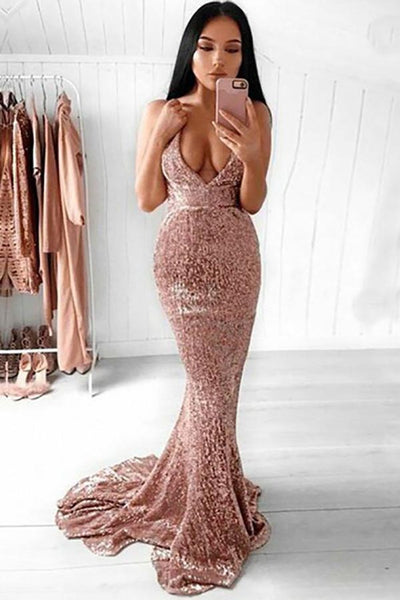 Mermaid Deep V-Neck Sweep Train Pink Sequined Sleeveless Backless Prom Dress LR146