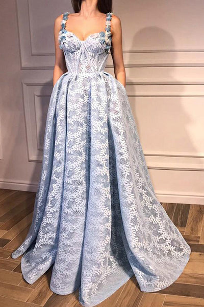 A-line Straps Blue Prom Dress Floor Length With Lace Prom Dresses Evening Dress PDA430 | ballgownbridal