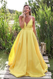 A-Line Spaghetti Straps Backless Floor-Length Satin Yellow Prom Dress PDA255 | ballgownbridal