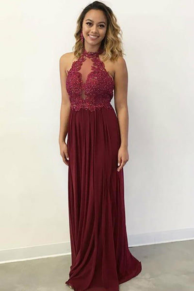 A-Line Halter Sweep Train Dark Red Chiffon Appliques Beading Prom Dress AHC536