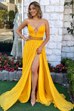 A-Line Sweetheart Sweep Train Yellow Pleated Chiffon Prom Dress with Beading Split PDA265 | ballgownbridal