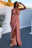 A-Line Deep V-Neck Backless Floor-Length Pink Chiffon Prom Dress with Split PDA418