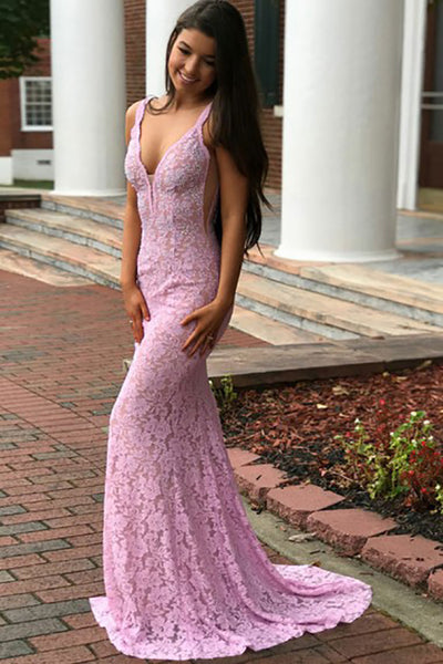 Mermaid Deep V-Neck Sweep Train Pink Lace Backless Prom Dress LR422