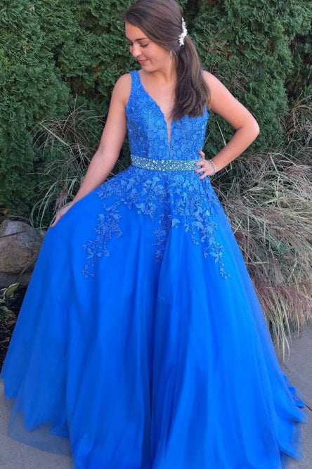 A-Line V-Neck Backless Floor-Length Royal Blue Prom Dress with Appliqu ...