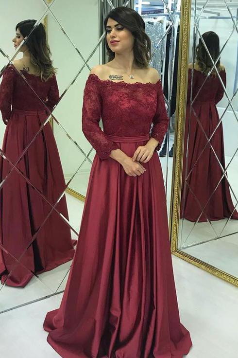 Burgundy Satin Long Sleeve Lace Evening Dress PDA513 – BallGownBridal
