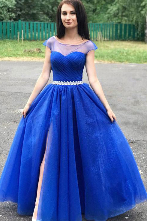 Royal Blue Tulle Cap Sleeve Long Prom Dress With Slit PDA441 ...