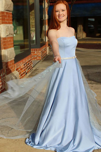 A-Line Sweetheart Sweep Train Blue Tulle Sleeveless Prom Dress with Beading Sequins LR93