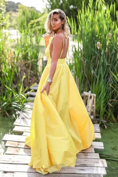 A-Line Spaghetti Straps Backless Floor-Length Satin Yellow Prom Dress PDA255 | ballgownbridal