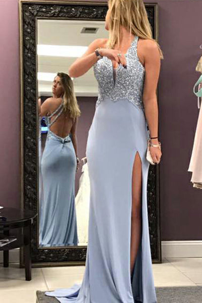 Mermaid Deep V-Neck Sweep Train Blue Split Open Back Prom Dress with Beading LR175