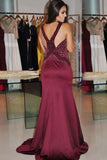 Mermaid Deep V-Neck Sweep Train Burgundy Satin Prom Dress with Beading LR412 | ballgownbridal