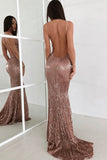 Mermaid Deep V-Neck Sweep Train Pink Sequined Sleeveless Backless Prom Dress LR146