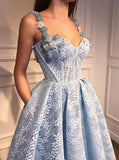 A-line Straps Blue Prom Dress Floor Length With Lace Prom Dresses Evening Dress PDA430 | ballgownbridal