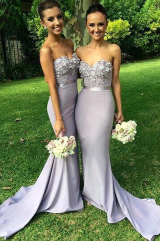 Elegant Long Mermaid Light Grey Sweetheart Appliques Beaded Bridesmaid Dresses,Prom Dress  GY142