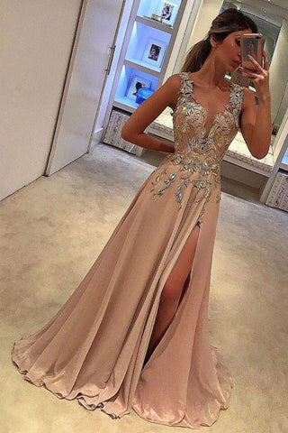 Sexy V Neck Split Side,Appliques A Line Long Prom Dress GY175