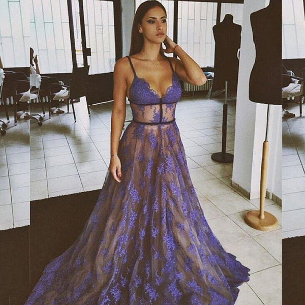 Purple Lace Spaghetti Straps Nude Lining Long Sexy Prom Dress GY196